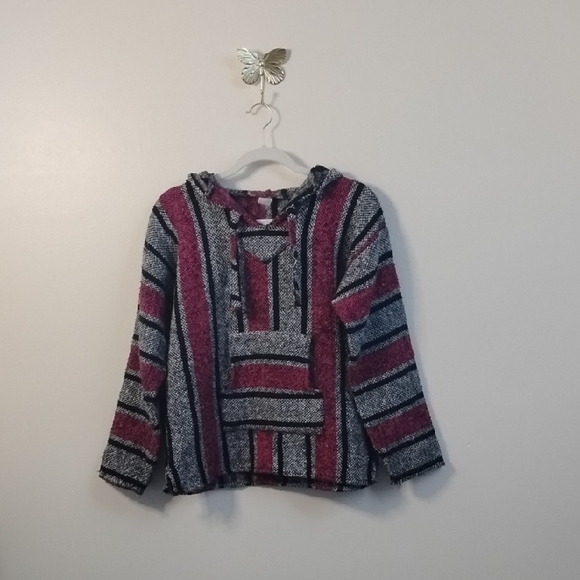 Retro Stripe Boho Baja Skater Hooded Pullover Poncho 90s Ragae Casual Streetwear - Picture 2 of 15